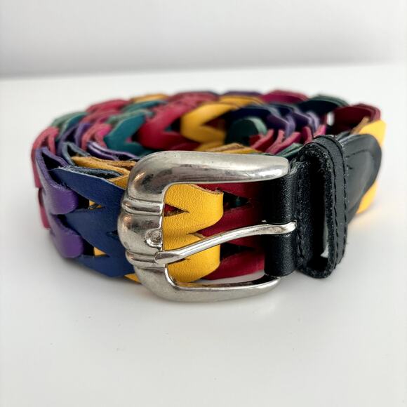 Vintage Rainbow Leather Belt 34" Multicolor Retro Woven 1980s 1990s Unisex M - Picture 3 of 8